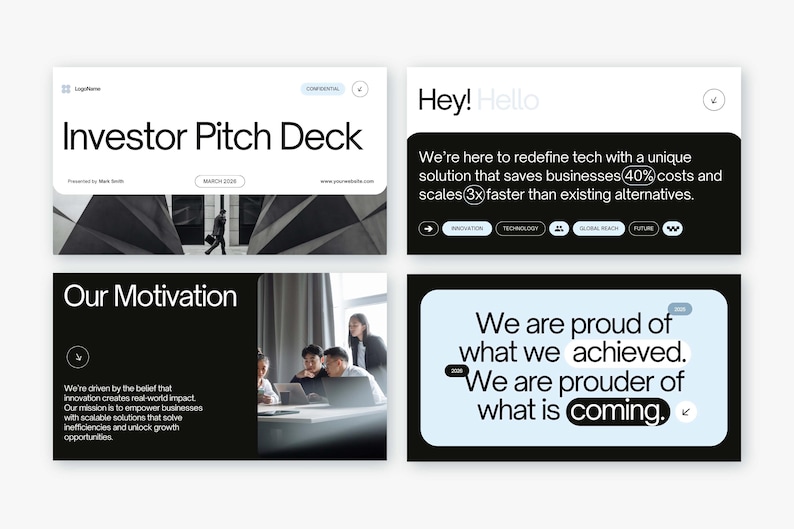 Peut inclure: Un deck de pr&eacute;sentation avec quatre diapositives. La premi&egrave;re diapositive indique "Investor Pitch Deck". La deuxi&egrave;me diapositive dit "Hey! Hello" et met en &eacute;vidence une solution technologique. La troisi&egrave;me diapositive dit "Our Motivation". La quatri&egrave;me diapositive dit "We are proud of what we achieved."