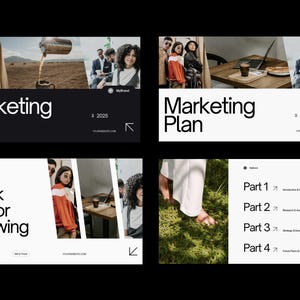 May include: A marketing plan presentation with a black and white colour scheme. The presentation includes a title slide with the text "Marketing Plan" and a thank you slide with the text "Thank you for reviewing". The presentation also includes a table of contents with four sections: Introduction & Business Overview, Research & Analysis, Strategy & Execution, and Future Plans & Reporting.