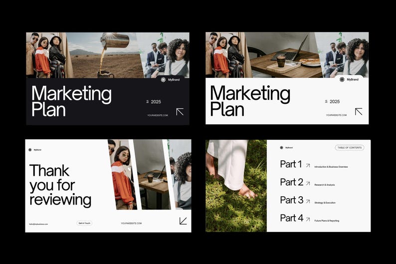 May include: A marketing plan presentation with a black and white colour scheme. The presentation includes a title slide with the text "Marketing Plan" and a thank you slide with the text "Thank you for reviewing". The presentation also includes a table of contents with four sections: Introduction & Business Overview, Research & Analysis, Strategy & Execution, and Future Plans & Reporting.