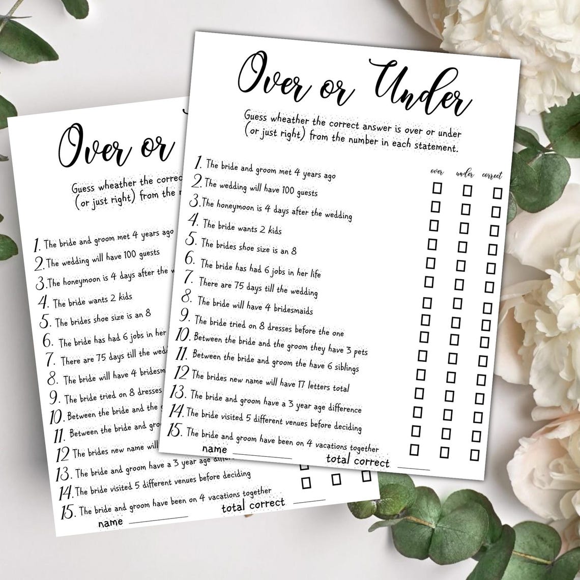 Over or Under Bridal Shower Game, Printable Bridal Shower Game ...