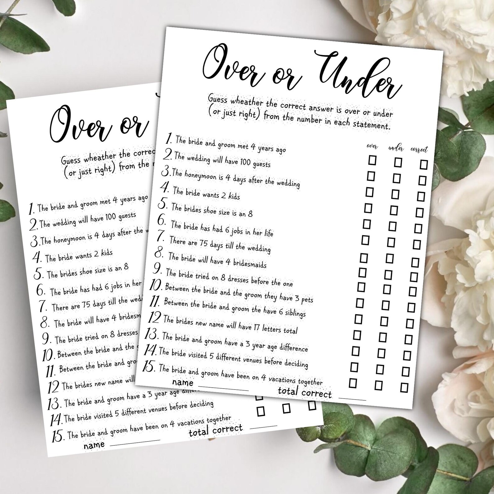 Over or Under Bridal Shower Game, Printable Bridal Shower Game ...