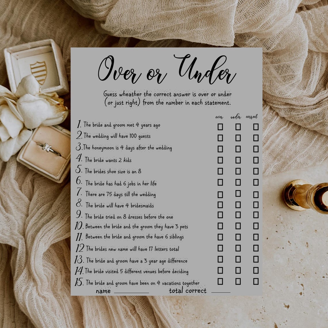 Over or Under Bridal Shower Game, Printable Bridal Shower Game ...