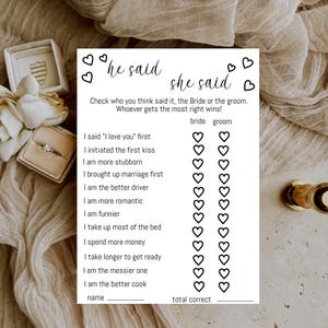 he said she said bridal shower game, bride and groom wedding game, minimalist bridal shower game
