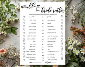 would she rather bridal shower game, would the bride rather, would she rather editable printable, who knows the bride best game