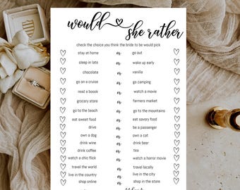 would she rather bridal shower game, would the bride rather, would she rather editable printable, who knows the bride best game