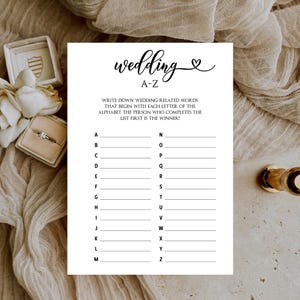 wedding A to Z game, bridal shower A to Z game, minimalist bridal shower games, Bridal shower ABC game, printable editable shower games