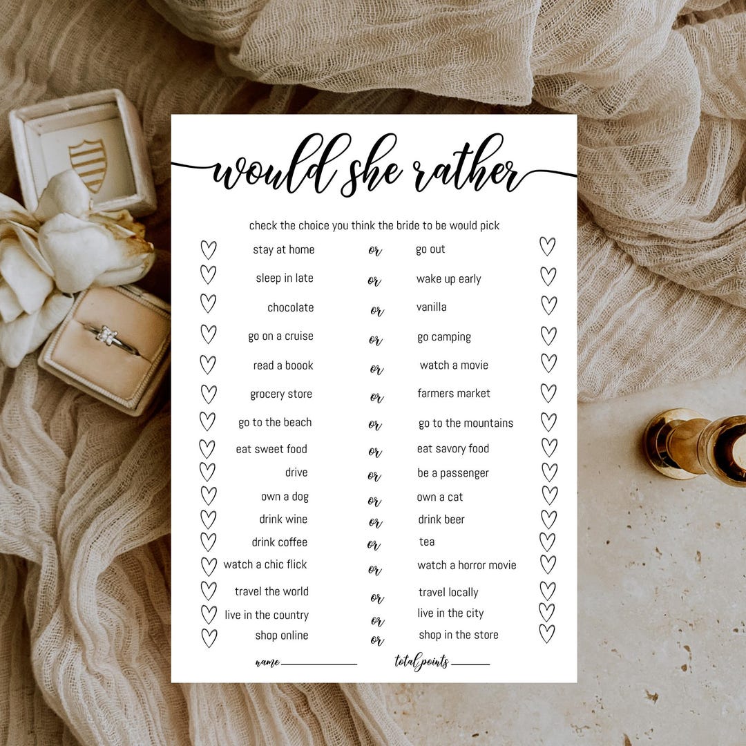 Would She Rather Bridal Shower Game, Would the Bride Rather, Would She ...