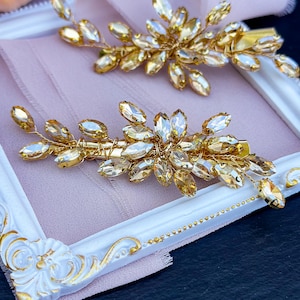 ✨NEW Bridal Rhinestone Crystal Elegant Floral Hair Clip - Brown champagne Gold Flower Hair Clip Crystal Barrette Large Barrette Large Hair  main image 4