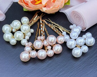 Bridal Hair Pins with Mix Size Pearl: Wedding Hair Accessories, Set of 5 Bobby Pins, White, Ivory, Pink
