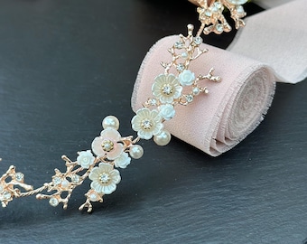 Rose Gold Bridal Hair Vine/ Headband with Delicate Flowers and Pearls: Wedding Floral Hair Accessories for Bride & Bridesmaids