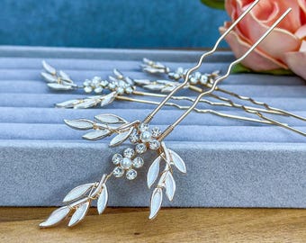 Gold Bridal Hair Pins with Delicate Flower and Leaf, Pearl Wedding Hair Accessories for Bride & Bridesmaids