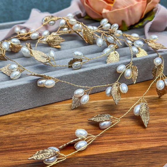 Gold Crystal Flower Vine Bridal Hair Piece Headband Wedding Floral Leaf Prom Floral Bridal Hair Vine, Rose Gold Leaf Wedding Headpiece  main image 4