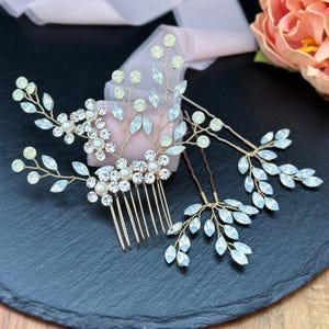 Wedding Hair Comb with Blue Opal Hair Jewelry Set Bridal Something Blue Hair Piece Wedding Hair Accessory Bridal Hair Pin Gold Hair Comb