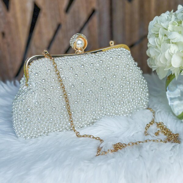 Wedding Pearl Evening Bag Bridal Beaded Clutch Cream White Purse for Wedding Party Vintage Pearl Clutch Fashion Chain Crossbody Handbag