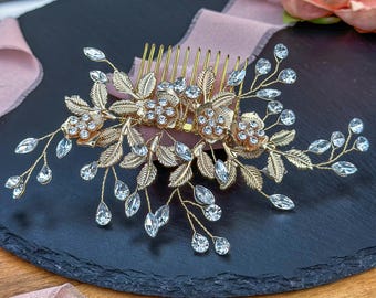Floral Wedding Hair Comb for Bride, Gold Wedding Jewelry Set Chandelier Earrings, Bridal Hair Accessory