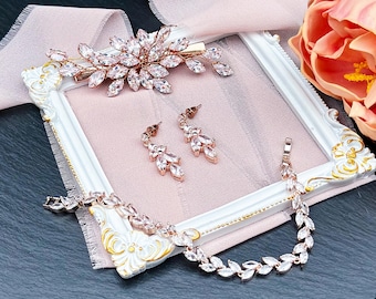 Rose Gold Bridal Accessories Set: Crystal Earrings, Matching Bracelet, Rhinestones Hair Clip, Wedding Jewelry for Bride