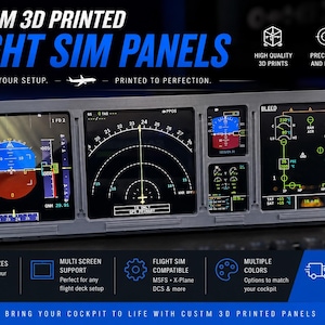 May include: A gray 3D printed flight simulator panel featuring four integrated digital displays showing various flight instruments, navigation data, and system status indicators with text labels including BLEED, TAT, and SAT.