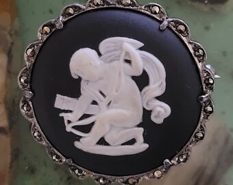 Vintage WEDGWOOD Cherub Cameo Pin Black Jasperware Brooch Marcasite Sterling Angel 1960s