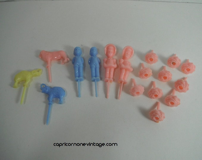 Vintage 1950s Plastic Birthday Cake Candle Holders 17 Pc Lot Boys Girls