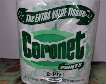 NOS Vintage 1980s Coronet Bathroom Tissue 4 Pack White with Green Flowers Toilet Paper Display Set Prop Georgia-Pacific Corporation 1985