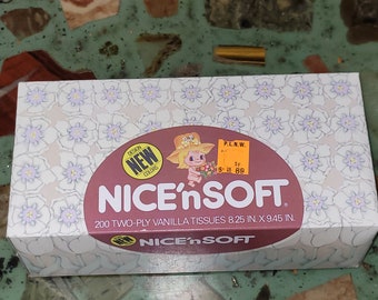 NOS Vintage 1980s NICE 'n SOFT Facial Tissues Unopened Box 200 2 ply Vanilla New Design Colors Display Set Prop Decor Lil Softy 1981 White