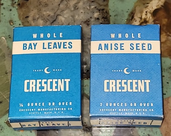 Lot of 2 NOS Vintage CRESCENT SPICE Boxes Whole Anise Seed & Whole Bay Leaves Set Prop Retro Kitchen Decor