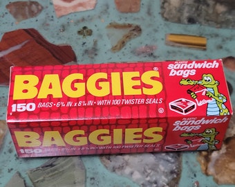 NOS Vintage 1970s BAGGIES Plastic Sandwich Bags 150 Bags Twist Tie Alligator Retro Set Prop NIB #2