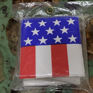 May include: A small American flag with red and white stripes and a blue field with white stars. The flag is packaged in a clear plastic bag.
