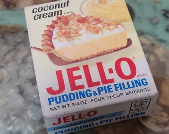 NOS Vintage 1960s JELL0 Coconut Cream Pudding & Pie Filling Full Box Retro Kitchen Decor Set Prop Advertising