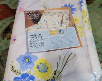 NOS Vintage 1970s Sears MISTY GARDEN twin size Muslin Flat Sheet Colorful Flowers Floral Pattern Perma Prest Cottagecore
