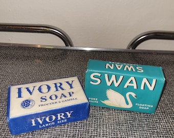 NOS Vintage 1940 Ivory Soap & 1940s Swan Floating Soap Lot of 2 LARGE SIZE soaps Set Prop Laundry Room Bathroom Decor