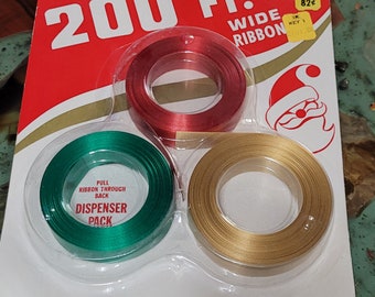 NOS Vintage 1960s 3 Rolls of Wide Ribbon Red Green & Gold Christmas KMART 200 FT Crafting