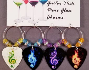 Guitar Pick Wine Glass Charms "G-Clefs"