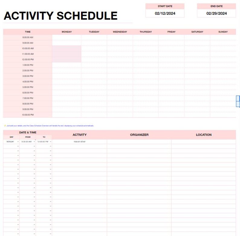Activity Schedule Template, Google Sheets Format, Plan & Organize Daily ...