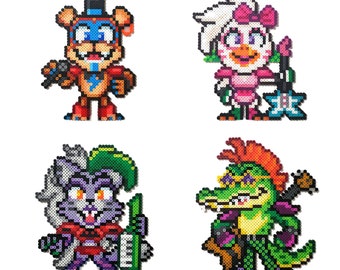 SET OF 4 | Five Nights at Freddy's Security Breach | Glamrock Freddy Chica Roxanne Wolf and Montgomery Gator | Pixel Art Figure | Small Size