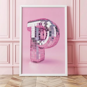 Letra P de discoteca, plateada, rosa, descarga digital, decoración de pared, arte imprimible