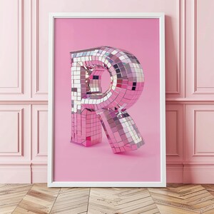Letra R de discoteca, plateada, rosa, descarga digital, decoración de pared, arte imprimible