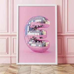Letra E de discoteca, plateada, rosa, descarga digital, decoración de pared, arte imprimible
