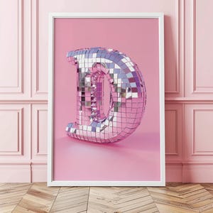 Letra D de discoteca, plateada, rosa, descarga digital, decoración de pared, arte imprimible