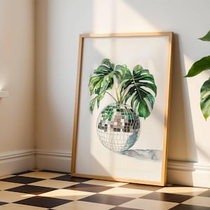 Vaso de bola de discoteca em aquarela com planta Monstera, vegetação, exuberante, download digital, decoração de parede, arte para impressão