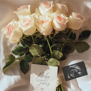 Floral Pregnancy Announcement Digital, Modern Baby Instant Social Media Reveal Canva Editable Template, Simple Neutral Aesthetic with Flower