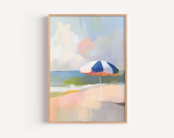 オリジナルビーチパラソルアートプリント | 海岸風装飾、夏の壁アート、ビーチハウスの装飾、航海プリント、ビーチの雰囲気 | パラソルの絵画