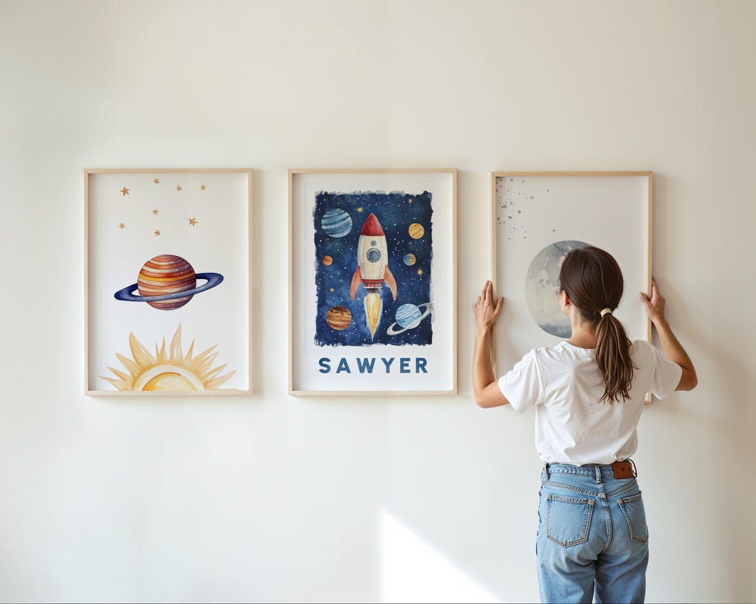 Space Themed Nursery Wall Art Set, Personalized Baby Name Print ...