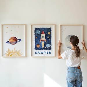 Space Themed Nursery Wall Art Set, Personalized Baby Name Print, Astronaut Decor for Toddler Boy Room, Solar System Poster, Custom Name Sign