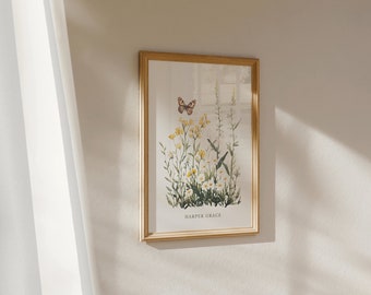 Impressão com nome de menina | Arte de parede para berçário com nome de menina | Arte para berçário com tema de floresta | Arte para berçário com flores silvestres | Arte personalizada para berçário | Berçário botânico