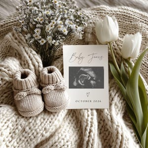 Simple Neutral Baby Ultrasound Announcement Template | Digital Reveal with Baby Booties & Tulips | Editable Social Media Pregnancy Reveal