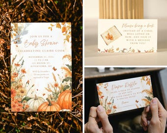 Pumpkin Baby Shower Invitation, Fall Flowers Baby Shower Invitation Card, Personalized Baby Shower Invitations, Little Pumpkin Baby Shower