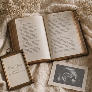 May include: An open book with gold-edged pages and a vintage frame with the text "Baby Jones ARRIVING DECEMBER 2026" sits on a cream-colored surface. A black and white ultrasound image is next to the frame.