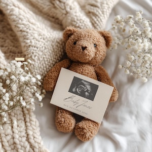 Simple Neutral Pregnancy Announcement Template | Digital Baby Reveal with Teddy Bear & Ultrasound | Editable Social Media Pregnancy Reveal