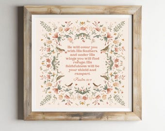 Under His Wings Psalm 91:4 Download | Christian Nursery Scripture Printable | Feather Bible Verse Wall Art for Baby Room Decor | Bible Art